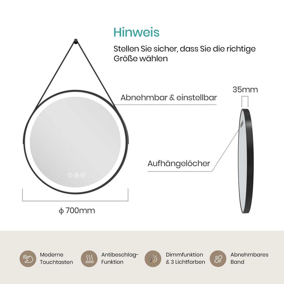 BADSPIEGEL mit Touch-Schalter Beleuchtung mit Hängeriemen Schwarz Ø 70 cm - Schwarz, Glas (70/70/3.5cm) - EMKE
