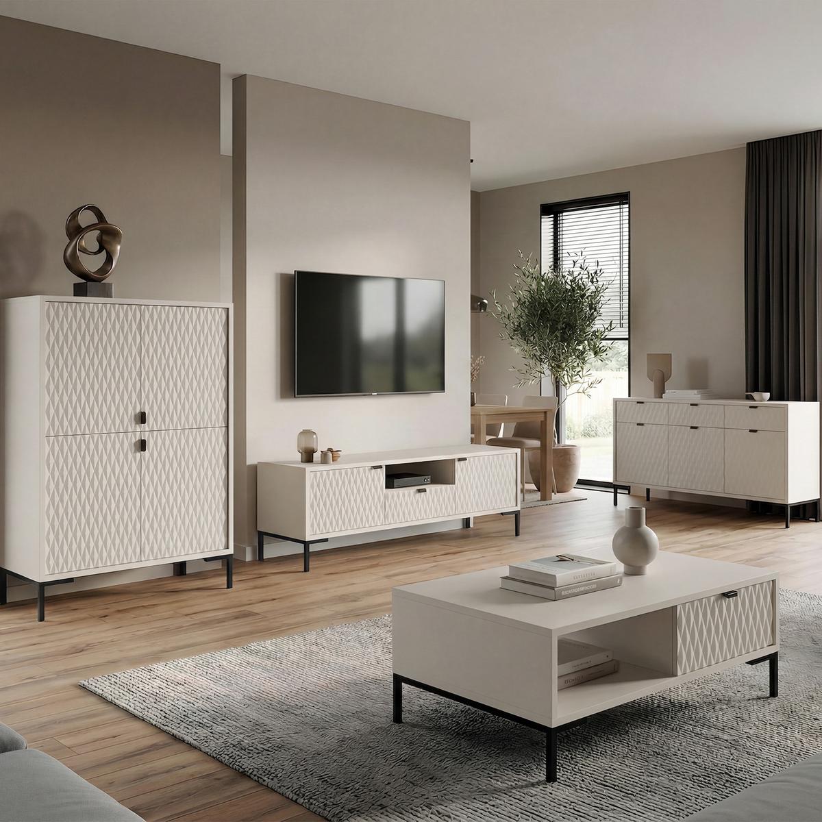 LOWBOARD Montreal mit 2 Türen, 1 Schublade und offenem Fach, dekorative 3D-Fronten, Kaschmir - Kaschmir/Schwarz, Holzwerkstoff/Metall (150/47/40cm) - Beautysofa