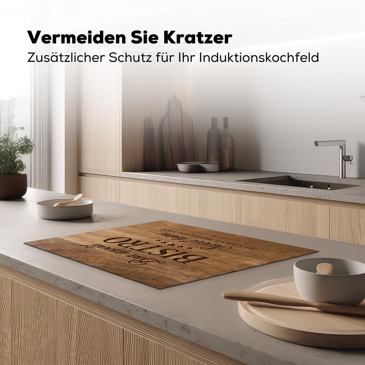 HERDABDECKPLATTE Zitat - Bistro - Guten Appetit - Süßes Zuhause - Holzmaserung Herdabdeckung Induktionsfeld 70x52 cm - Braun, Kunststoff (70/52/0.2cm) - MuchoWow