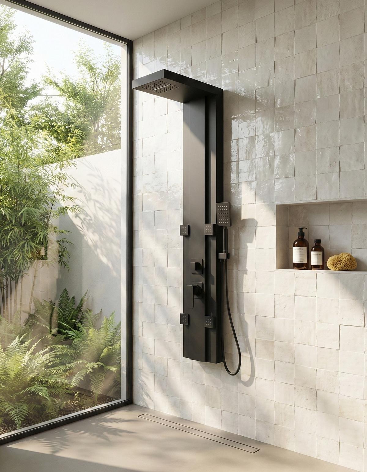 DUSCHPANEEL Arden mit Mischbatterie Schwarz Aluminium - 135 x 22 cm - Schwarz, Holz (22/135/7cm) - Badplaats