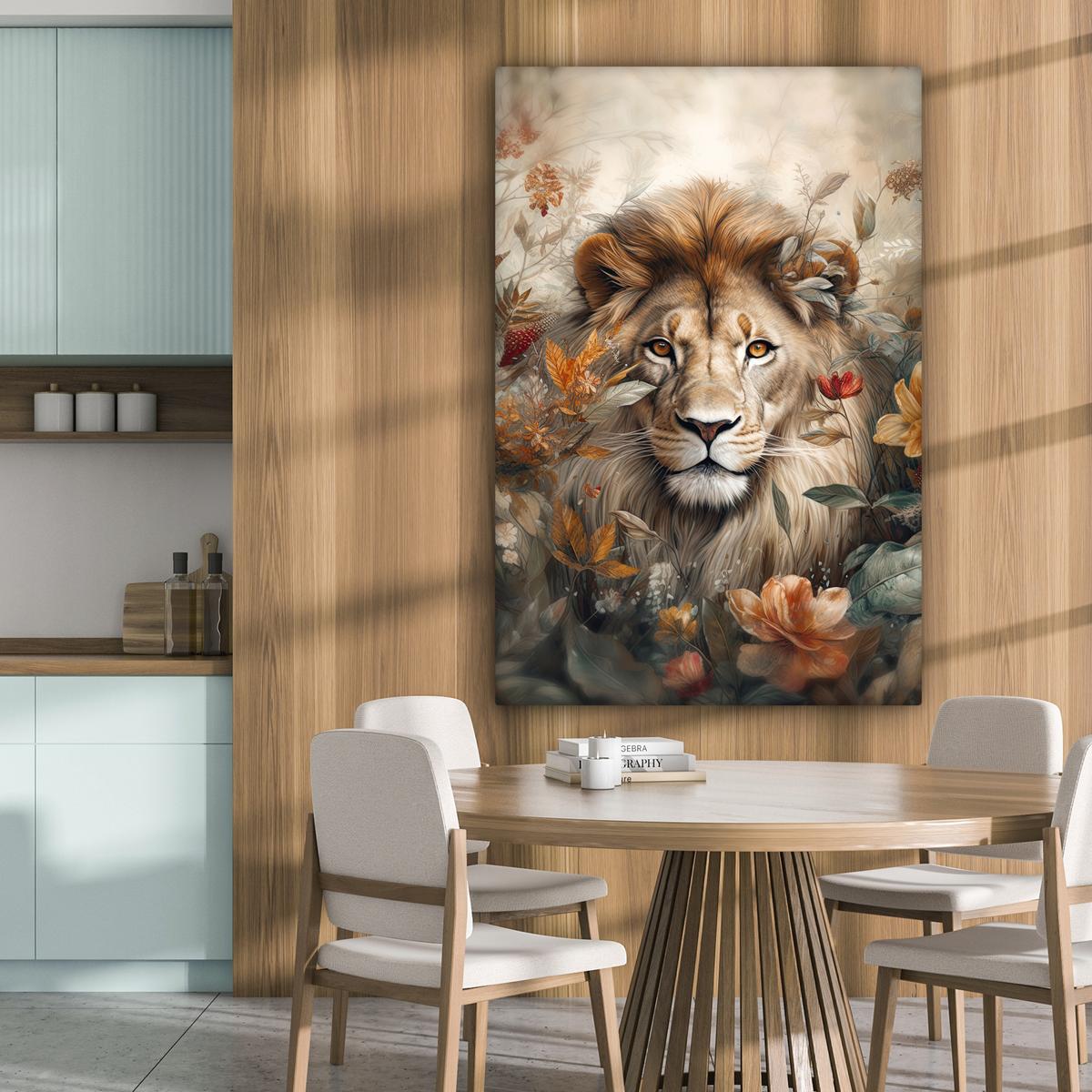 LEINWANDBILD Löwe - Wildtiere - Pflanzen - Natur - Blumen Deko XXL 80x120 cm - Beige, Textil (80/120cm) - MuchoWow