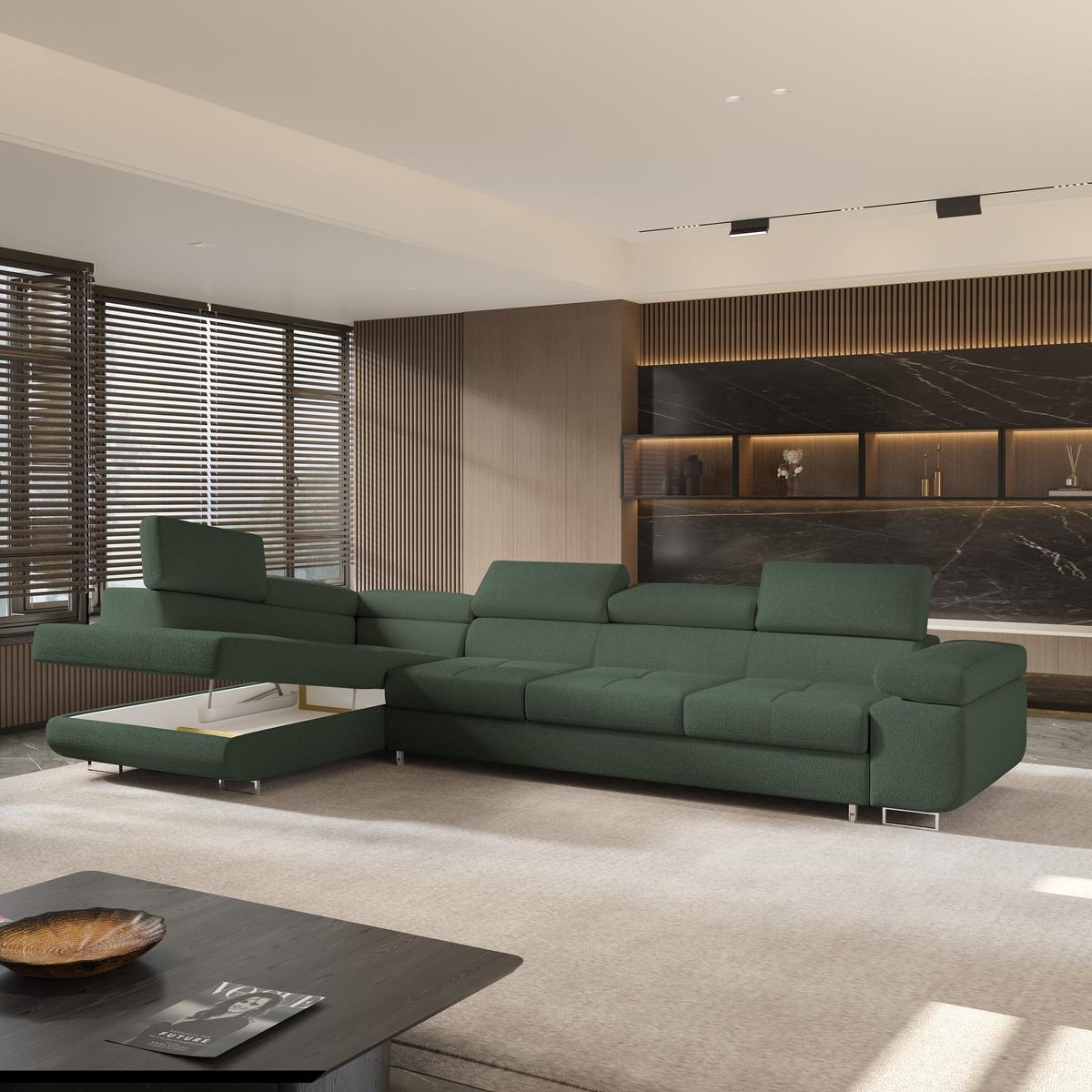 ECKSOFA VICENTE Grün Boucle-Stoff mit Schlaffunktion - Grün, Holz (346/202cm) - MASSENO