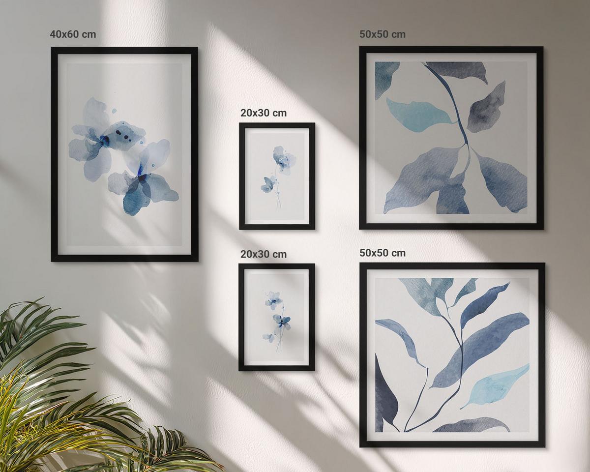 BILDER SET 5er Set - 50x50 cm & 20x30 cm & 40x60 cm Schwarzer Rahmen - Minimalistische blaue Blumen - Schwarz, Kunststoff (40/60cm) - TULUP