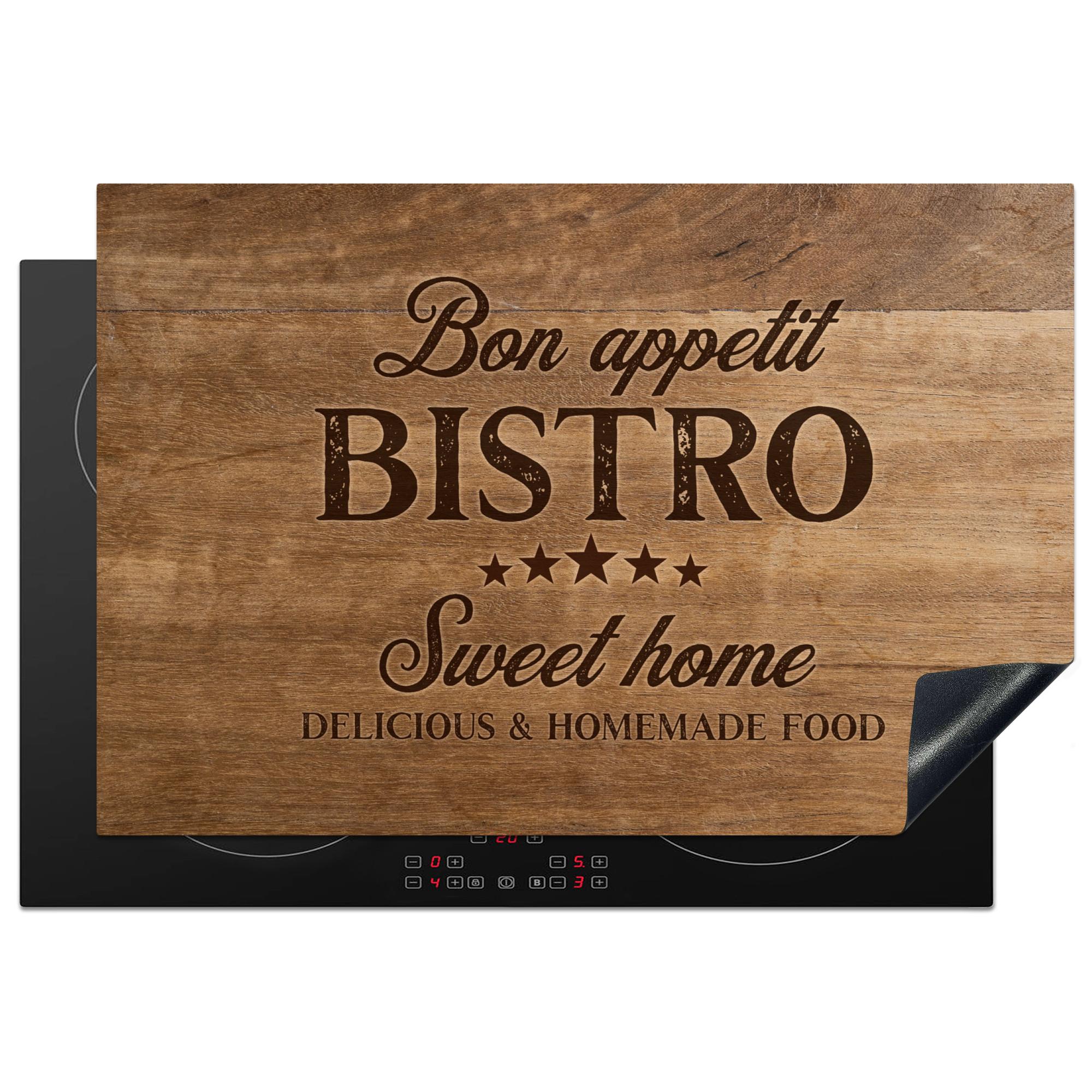 HERDABDECKPLATTE Zitat - Bistro - Guten Appetit - Süßes Zuhause - Holzmaserung Induktionsmatte 77x51 cm - Braun, Kunststoff (77/51/0.2cm) - MuchoWow