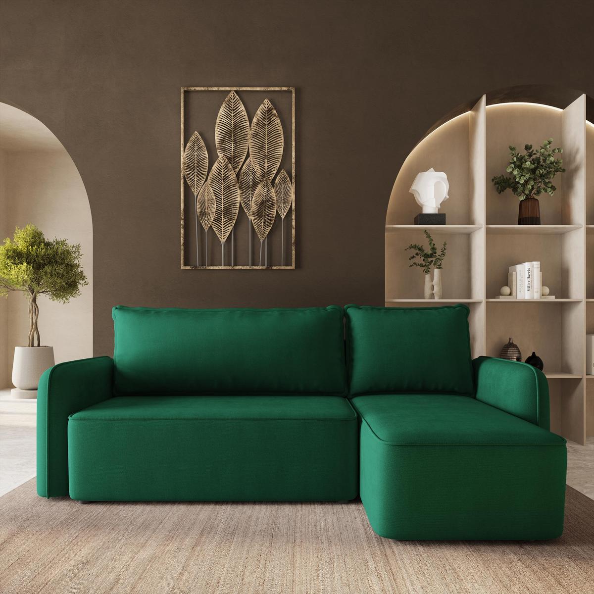 ECKSOFA DOLVER Grün Plüsch-Stoff mit Schlaffunktion - Grün, Holz (238/156cm) - MASSENO