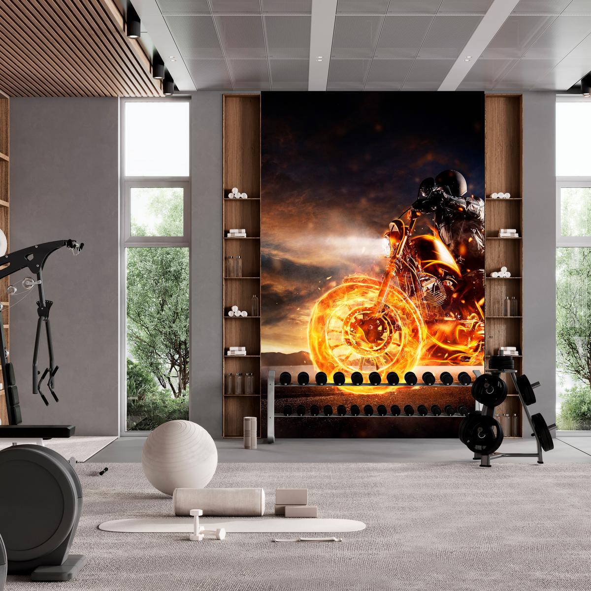FOTOTAPETE für Jugendzimmer Mann Brennenden Motorrad Sport Nacht 150x105 - Schwarz/Orange, Papier (150/105cm) - Muralo