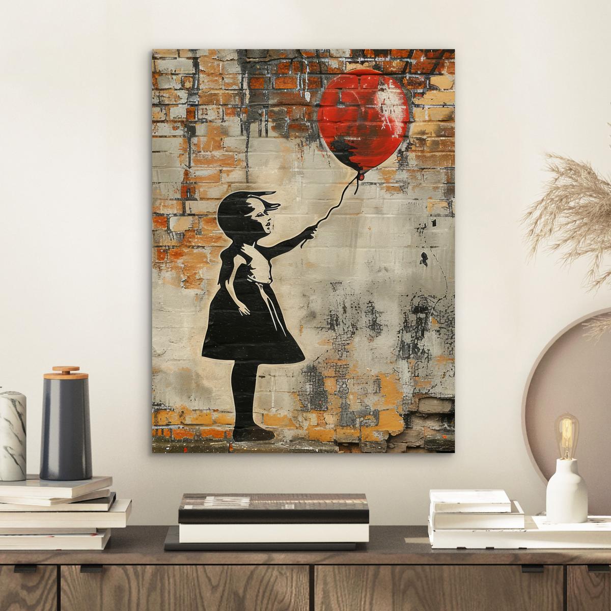 METALLBILD Graffiti - Banksy - Mädchen - Straßenkunst 30x40 cm - Sandfarben, Metall (30/40cm) - MuchoWow