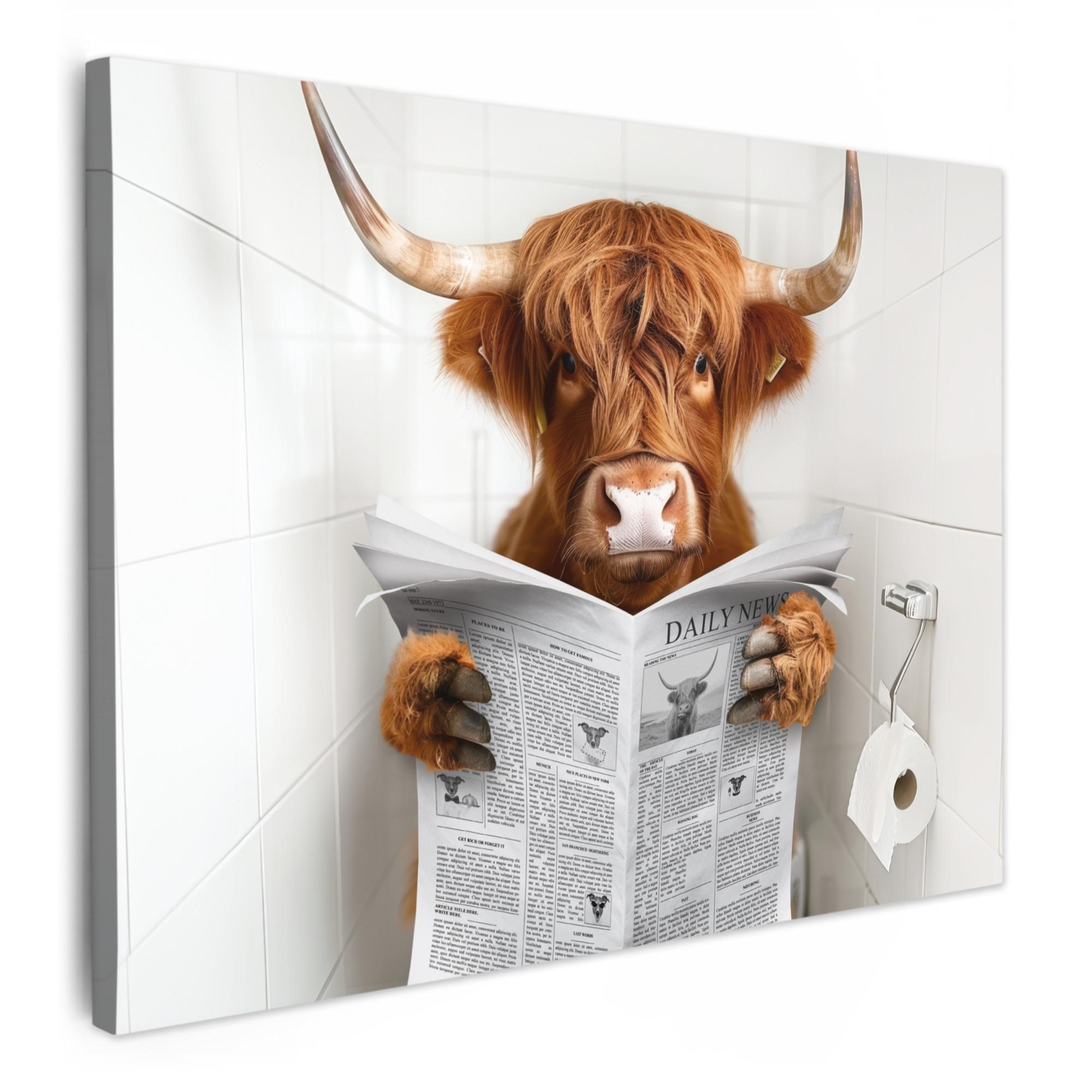 LEINWANDBILD Schottischer Highlander - Tier - Zeitung - Toilette Wandbilder 80x60 cm - Kastanienfarben, Textil (80/60cm) - MuchoWow