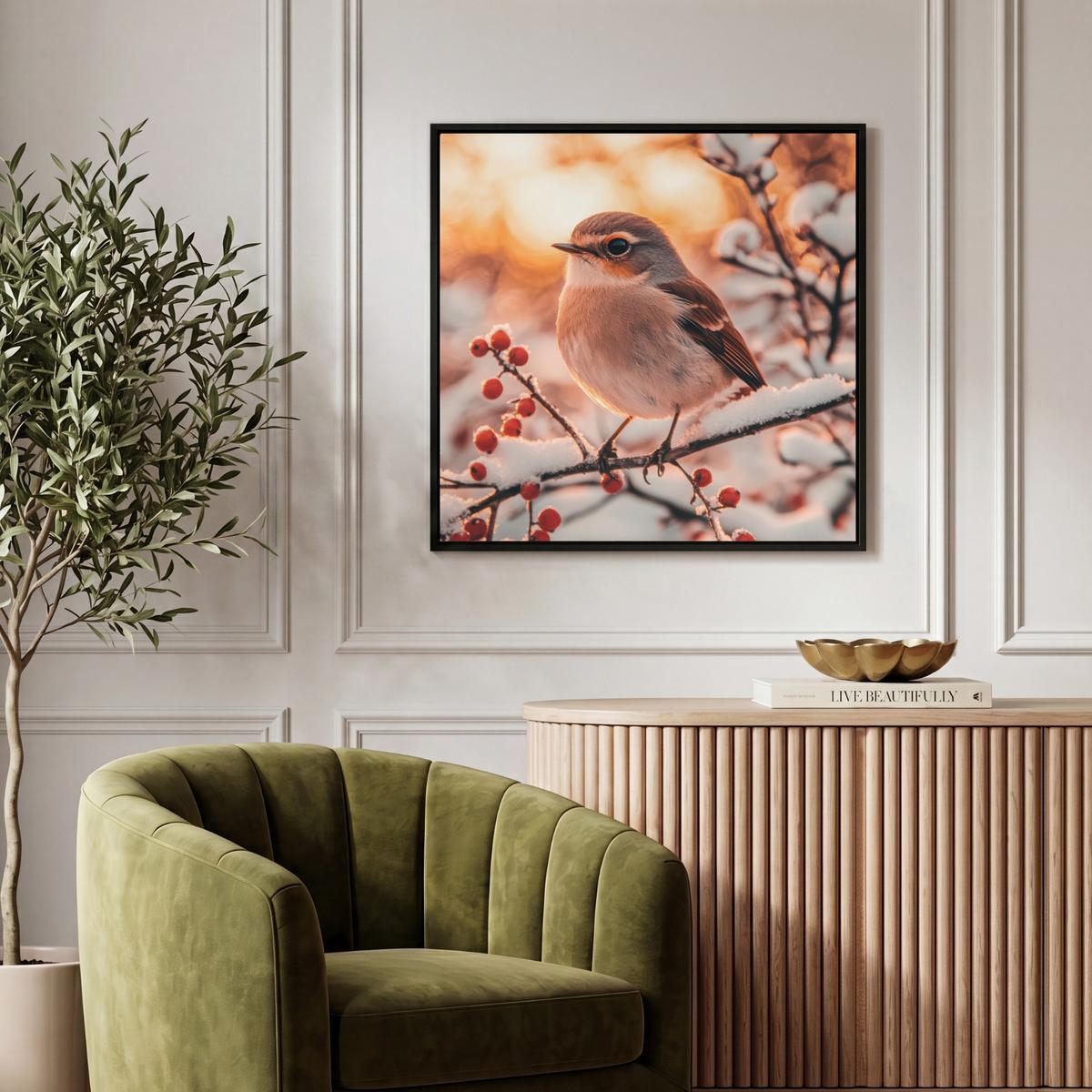 LEINWAND Bilder mit Rahmen - Vogel - Zweig - Winter - Tiere - Schnee - 50x50 - Bernsteinfarben, Textil (50/50cm) - MuchoWow