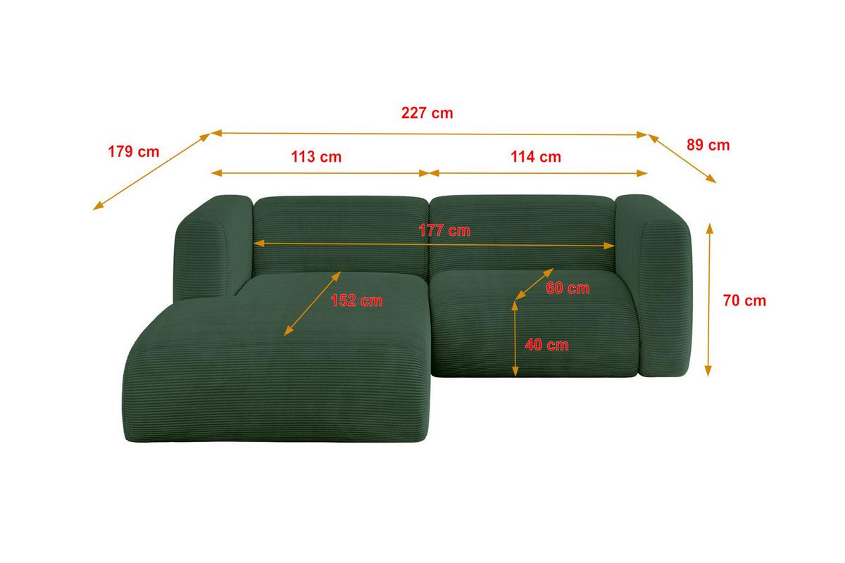 ECKSOFA Ottomane Links MIRA-L1 227x179x89 Grün Cord - Salbeigrün/Schwarz, Holzwerkstoff/Kunststoff (227/179cm) - ALTDECOR