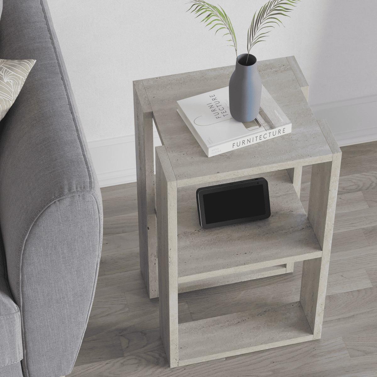 NACHTTISCH mit 2 regalböden, travertin-dekor - lonie 30/30/55 cm - Beige, Holzwerkstoff (30/55/70cm) - Calicosy