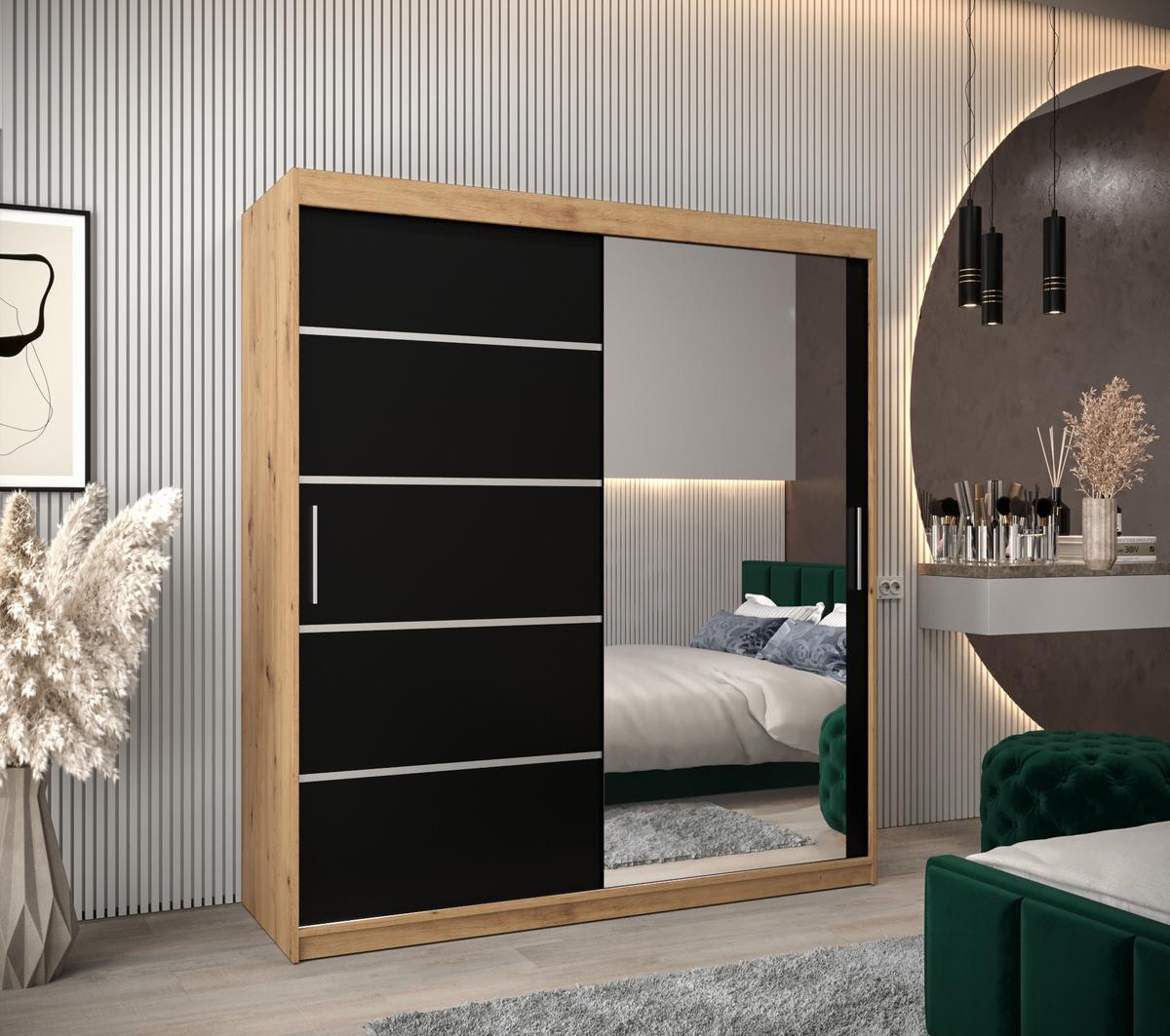 SCHWEBETÜRENSCHRANK 200/180/62 2-türig - Silberfarben/Schwarz, Holz/Kunststoff (180/200/62cm) - MÖBEL KRYSPOL