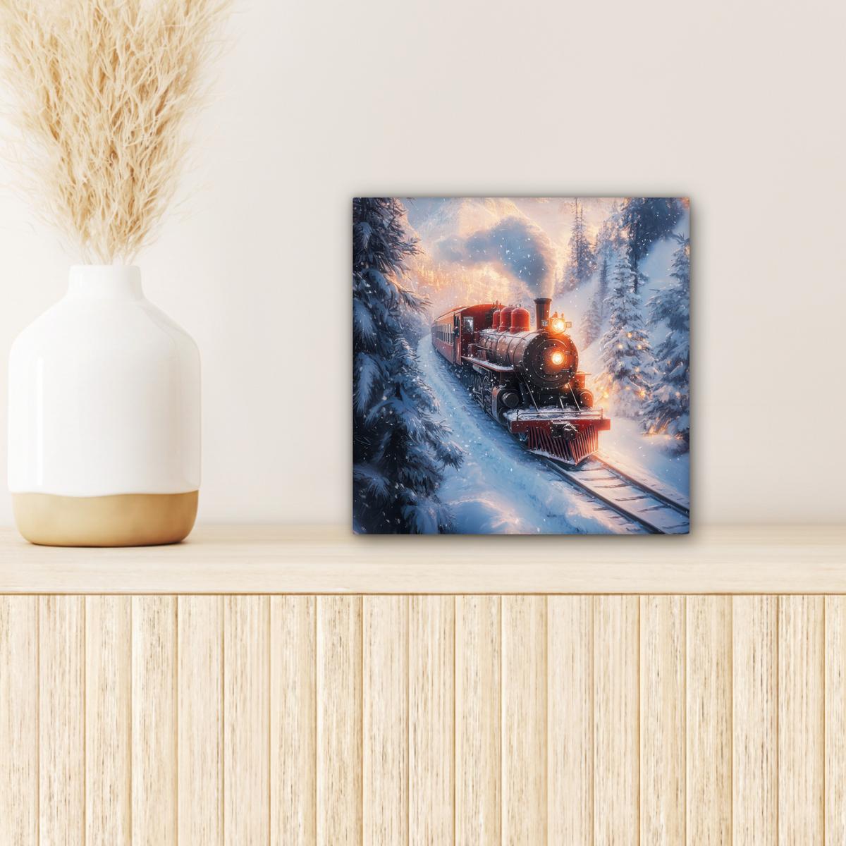 LEINWANDBILD Weihnachtszug - Schnee - Winter - Weihnachten Deko Wohnzimmer 20x20 cm - Dunkelrot, Textil (20/20cm) - MuchoWow