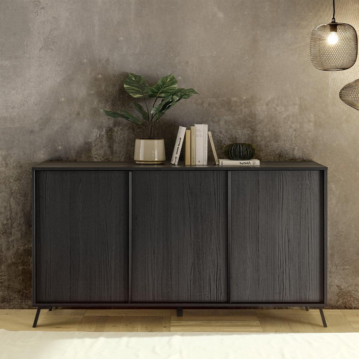 SIDEBOARD mit 3 Türen L156 cm - City - Schwarz, Holzwerkstoff (40/84/6.5cm) - Calicosy