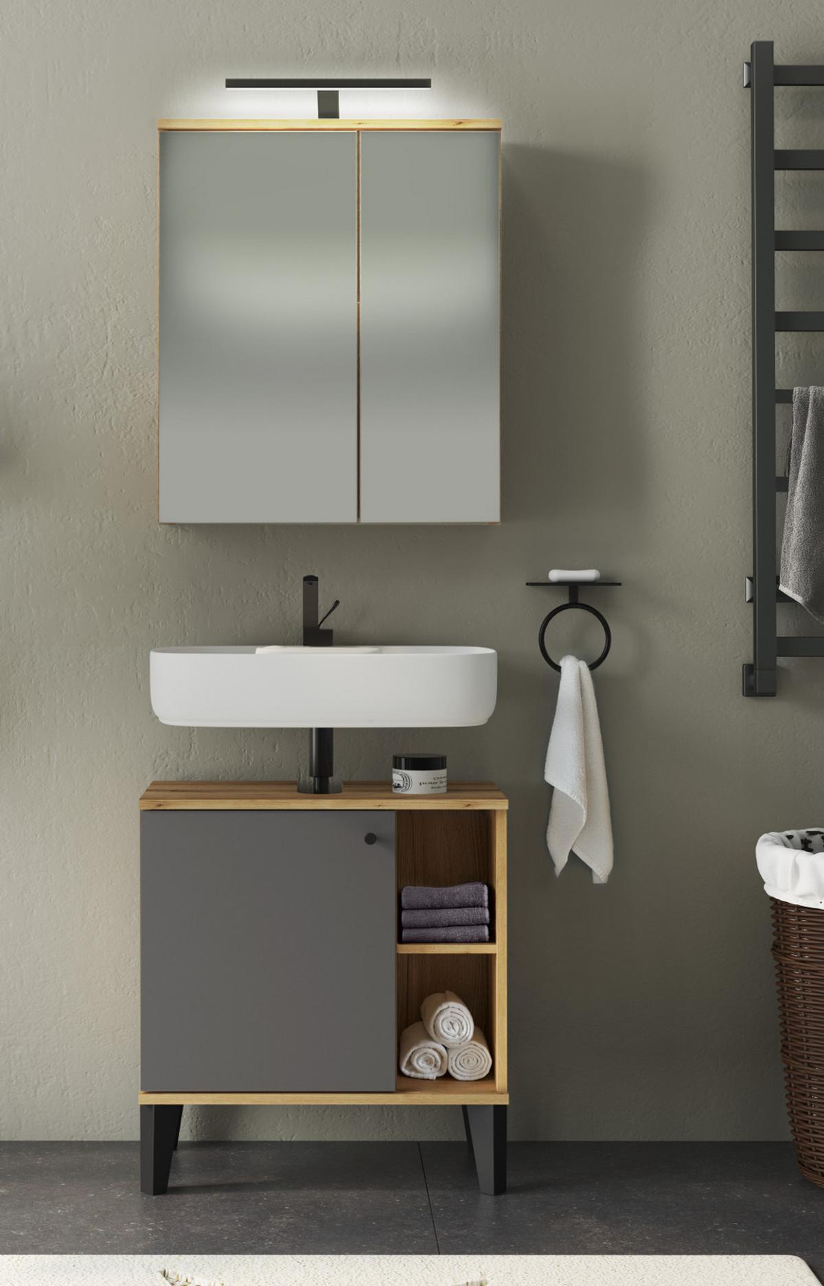 SPIEGELSCHRANK Evoke Eiche, Badschrank 2-türig, 60 x 70 cm - Eichefarben/Grau, Glas/Holzwerkstoff (60/70/19cm) - Furn.Design