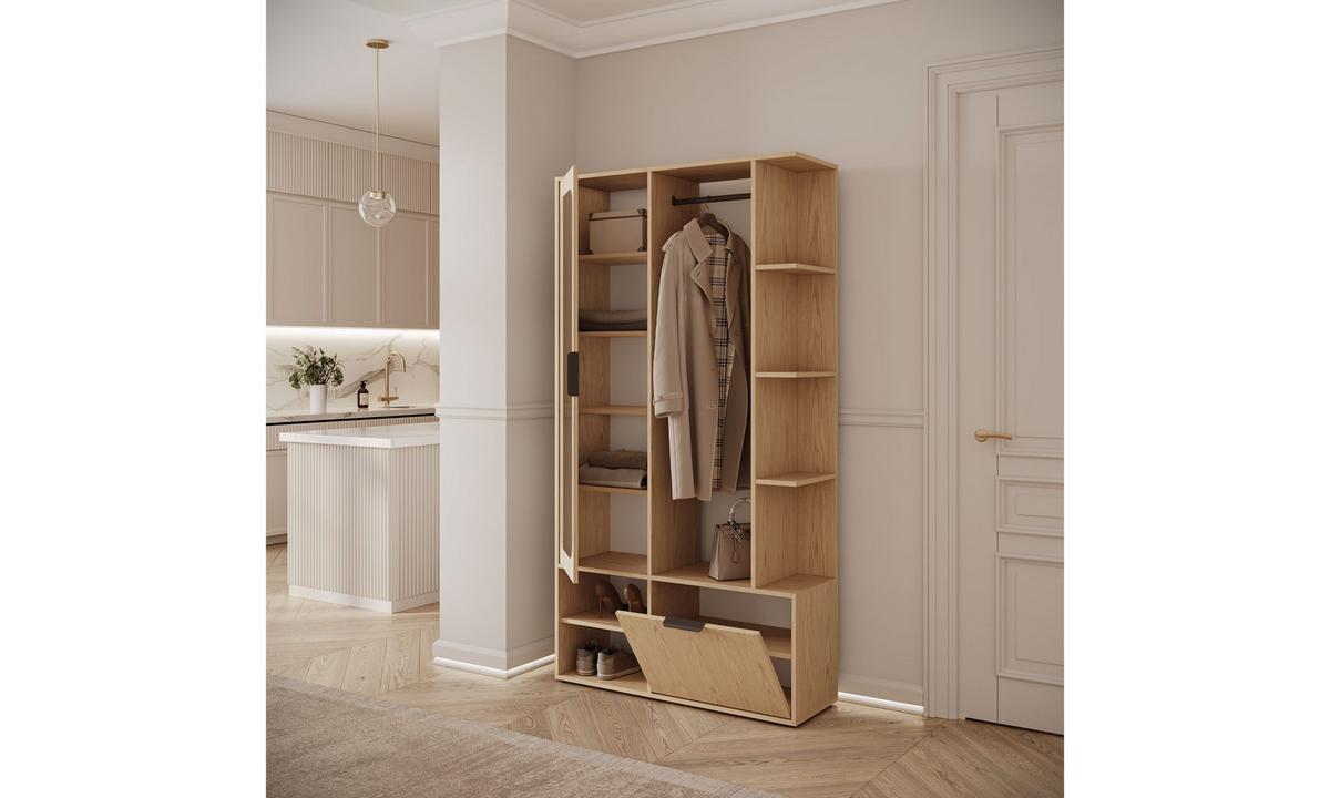 GARDEROBE NOLA 100/33,1/188,5 cm Eiche Bookmatch mit Spiegel und Schuhschrank - Eichefarben, Holzwerkstoff/Metall (100/188.5/33.1cm) - Lookway