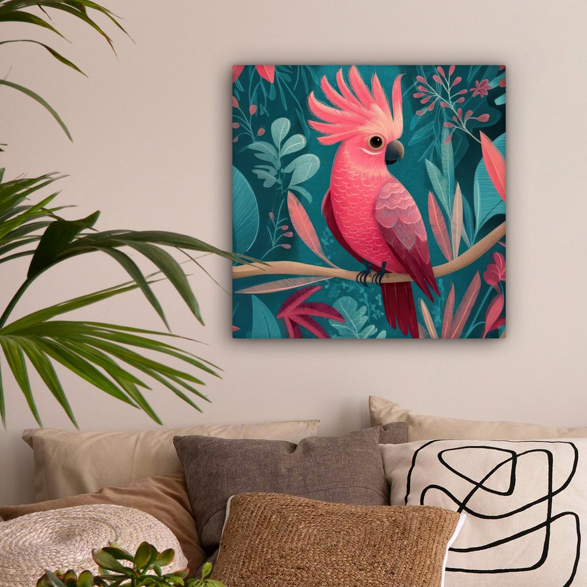 LEINWANDBILD Kakadu - Tropische Blätter - Zweig Wandbild Wohnzimmer 50x50 cm - Petrol, Textil (50/50cm) - MuchoWow
