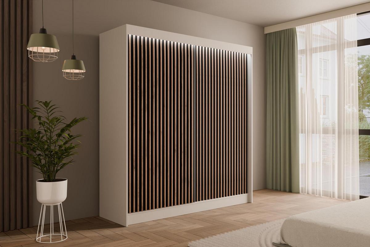 KLEIDERSCHRANK mit LED, Lamel-Schiebetüren VILANv2 - 200 cm Weiß + Lamelle Eiche Wotan - Eiche Wotan/Weiß, Holzwerkstoff (200/215/61cm) - ALTDECOR