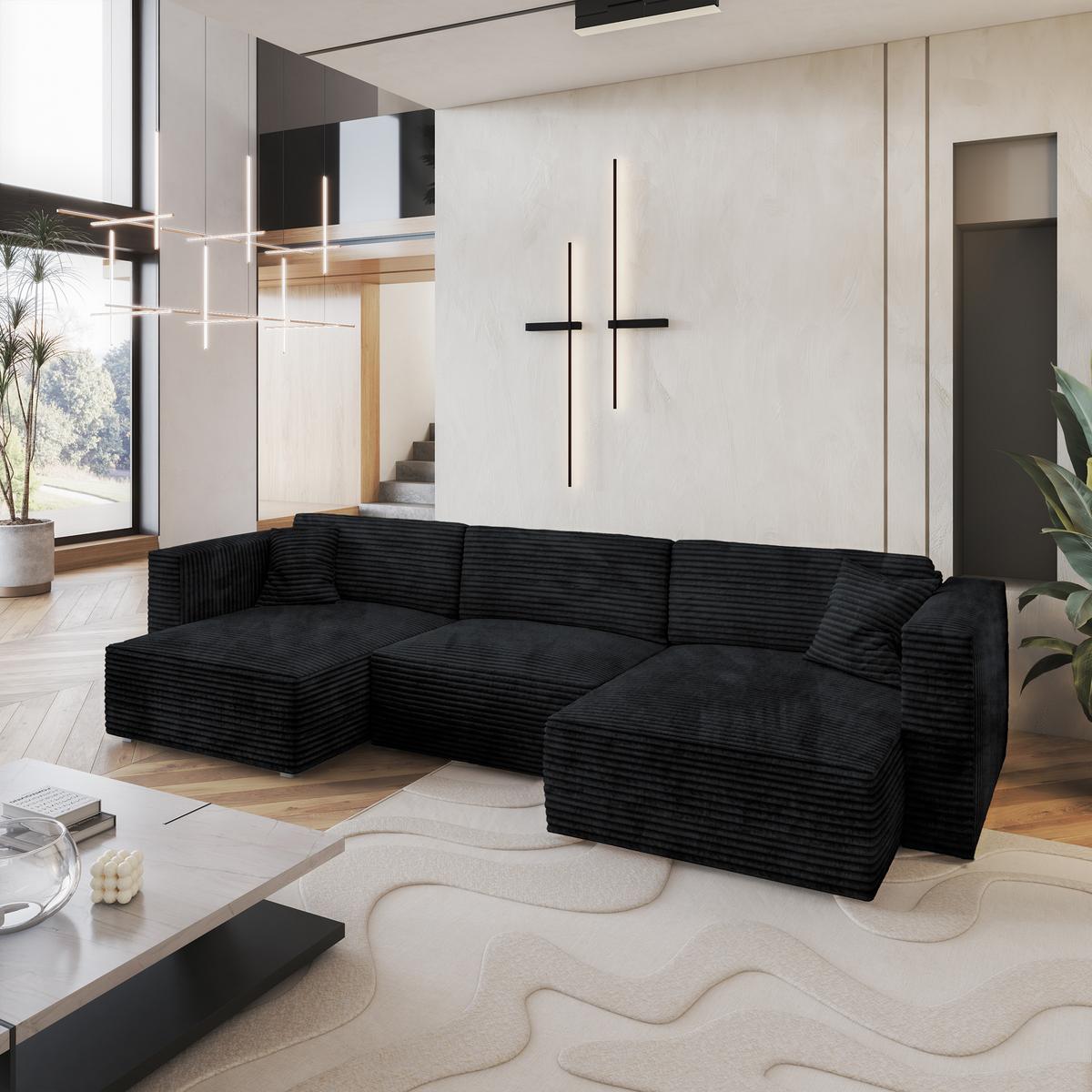 WOHNLANDSCHAFT SARMO Schwarz Kordstoff mit Schlaffunktion - Schwarz/Grau, Holz/Kunststoff (347/90/148cm) - MASSENO
