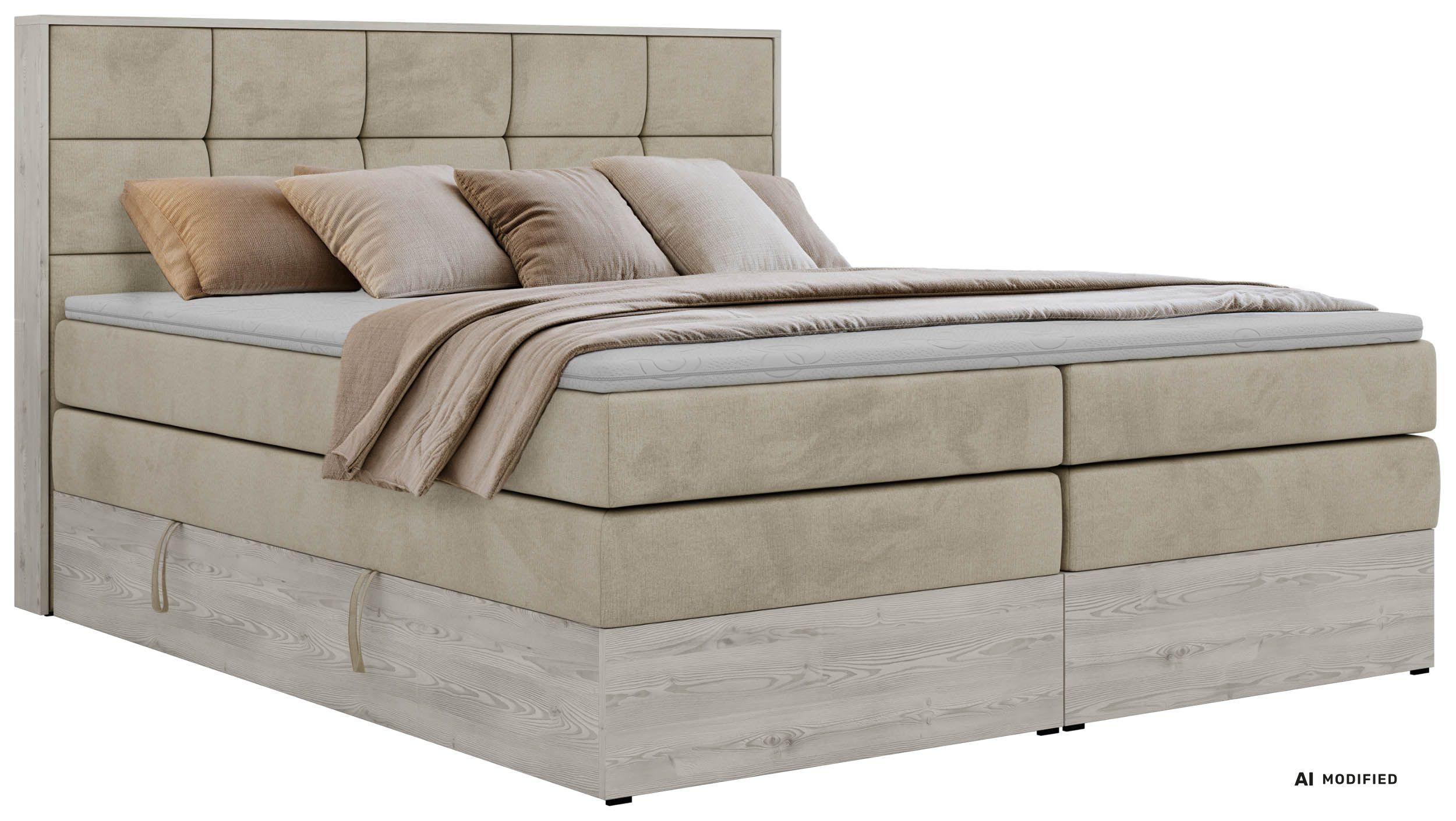 BOXSPRINGBETT ALNOR KING 180/200 - Beige Velvet - Topper Visco - H3 - Beige/Schwarz, Kunststoff/Textil (180/200cm) - MKS