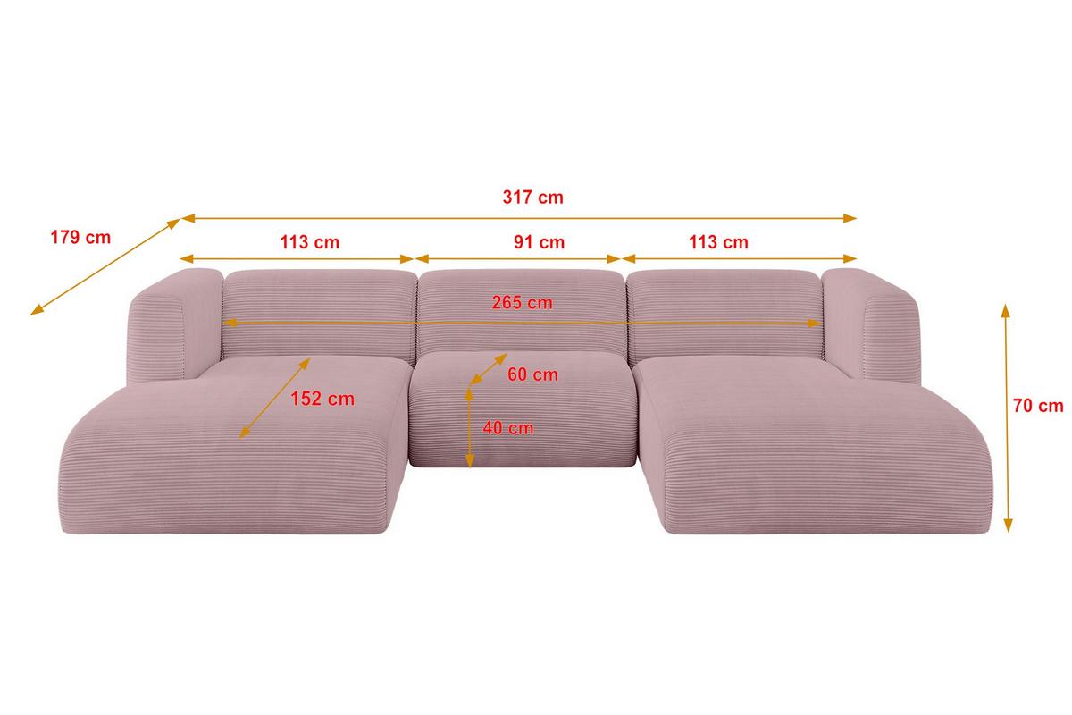 WOHNLANDSCHAFT MIRA-U1 317x179x70 Rosa Cord - Schwarz/Rosa, Holzwerkstoff/Kunststoff (317/70/179cm) - ALTDECOR