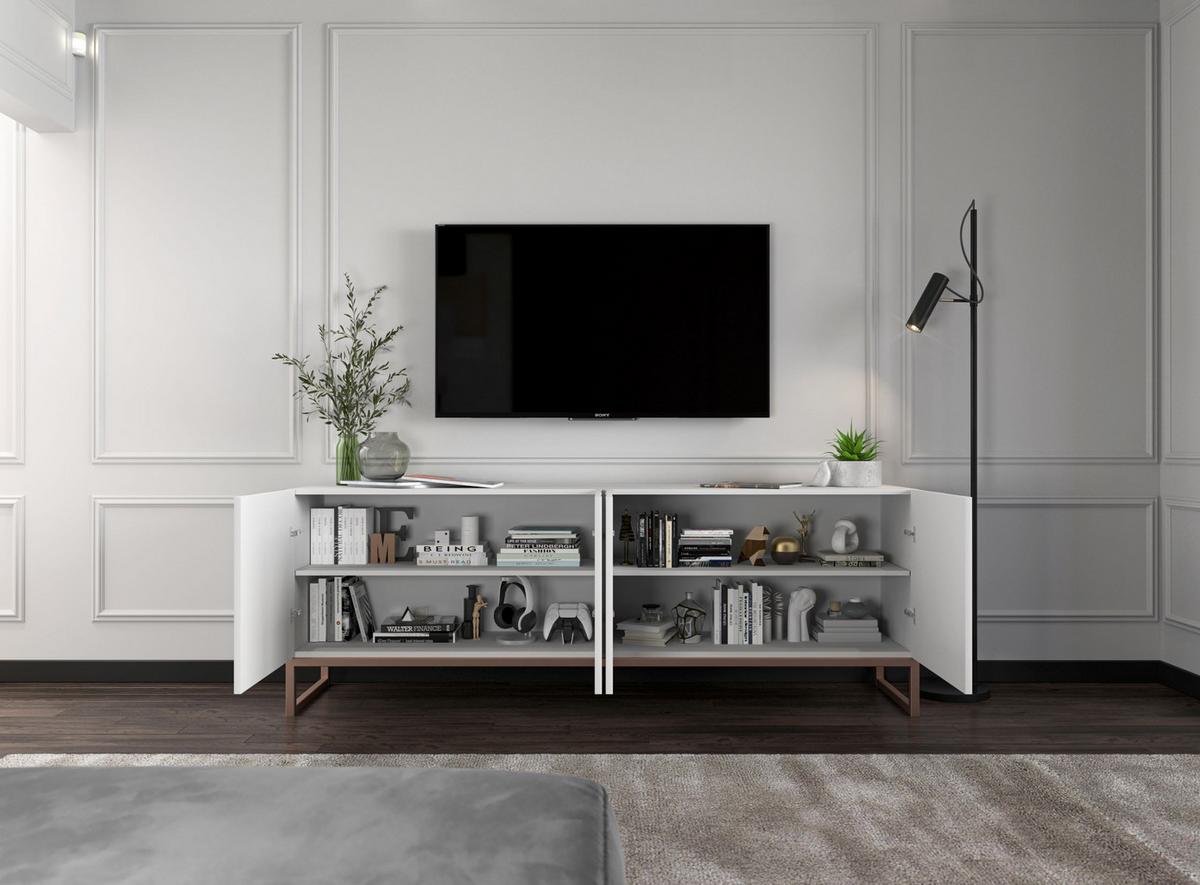 TV-SCHRANK Elpis Weiß Matt mit Metallrahmen 150 cm - Weiß/Kupferfarben, Holzwerkstoff/Metall (150/51.5/36.5cm) - Meble Lindner