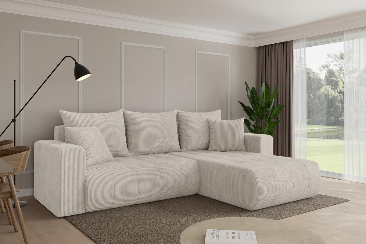 ECKSOFA mit Schlaffunktion Ottomane Rechts MILA-L 277x194x86 Creme Cord - Ecru/Creme, Holzwerkstoff/Kunststoff (277/194cm) - ALTDECOR