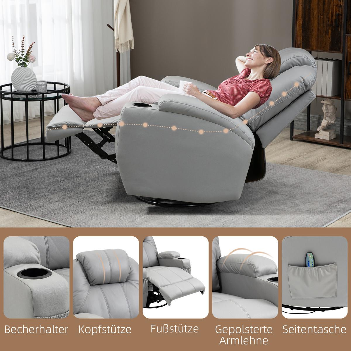 MASSAGESESSEL Relaxsessel mit Massagefunktion, Ruhesessel mit Fernbedienung - Schwarz/Grau, Leder/Metall (99/106/89cm) - HOMCOM