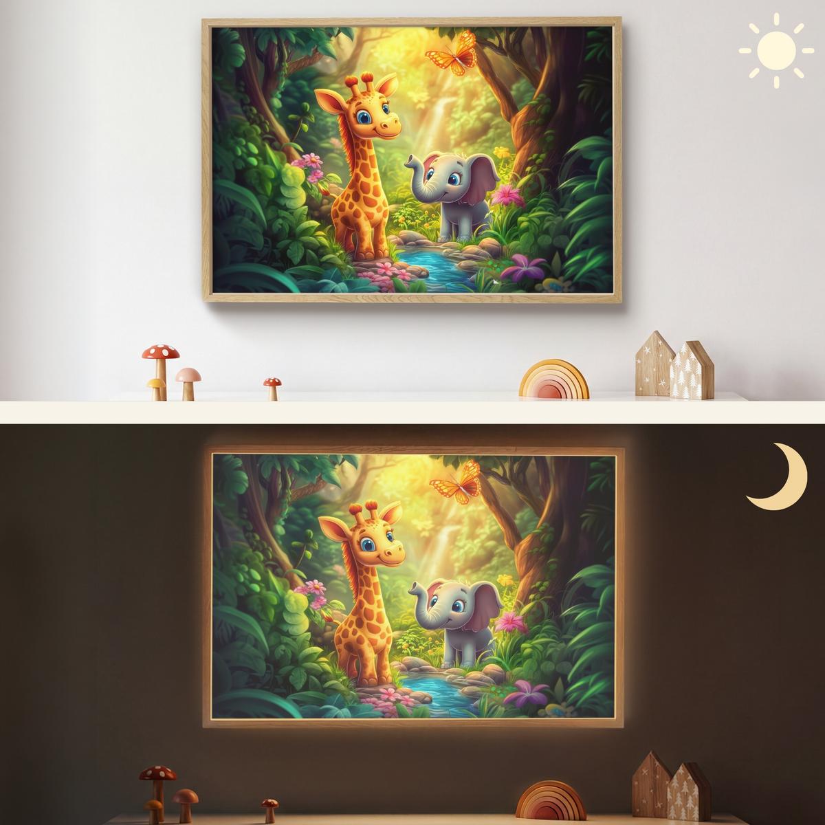WANDLEUCHTE MIT AKKU Giraffe - Elefant - Blumen - Dschungel 100x70 cm - Grün, Holzwerkstoff (100/70/8cm) - OnlyWow