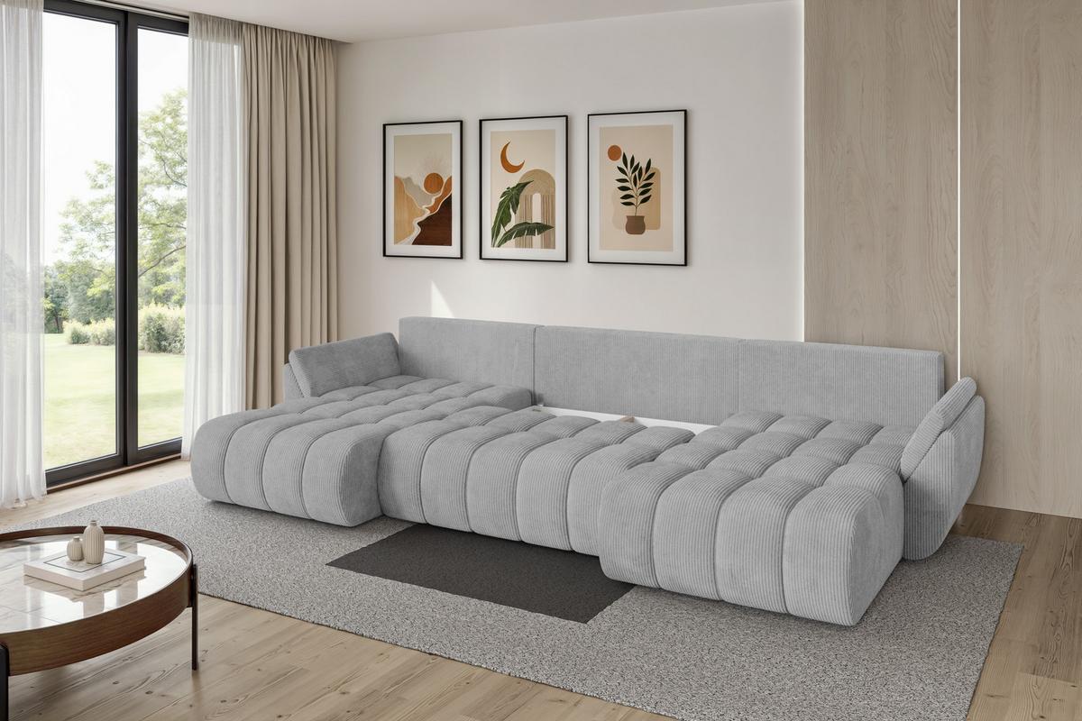WOHNLANDSCHAFT mit Schlaffunktion und Bettkasten TOKO-U-v1 378x194x86 Grau Cord - Schwarz/Grau, Holzwerkstoff/Kunststoff (378/86/194cm) - ALTDECOR