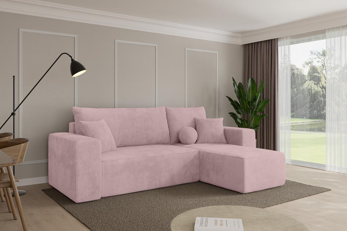 ECKSOFA mit Schlaffunktion Ottomane Rechts SENO-L 249x139x85 Rosa Cord - Schwarz/Rosa, Holzwerkstoff/Kunststoff (249/139cm) - ALTDECOR