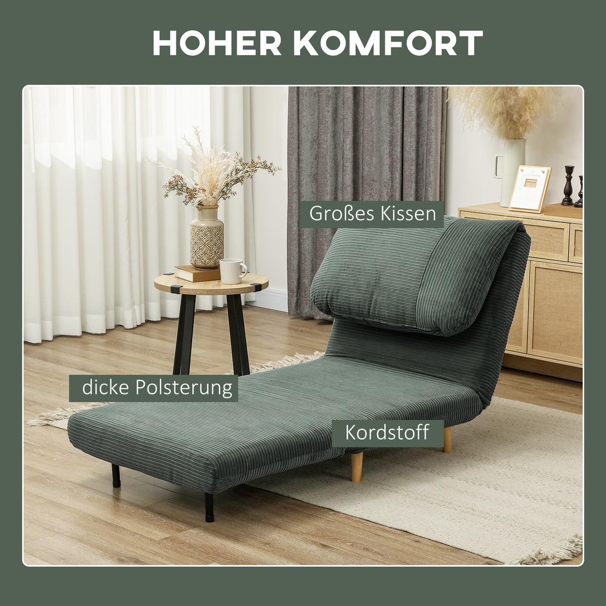 2-IN-1 Schlafsofa Schlafsessel Klappmatratze Gästebett Klappbett Grün - Naturfarben/Grün, Holz/Textil (87/89/82cm) - HOMCOM