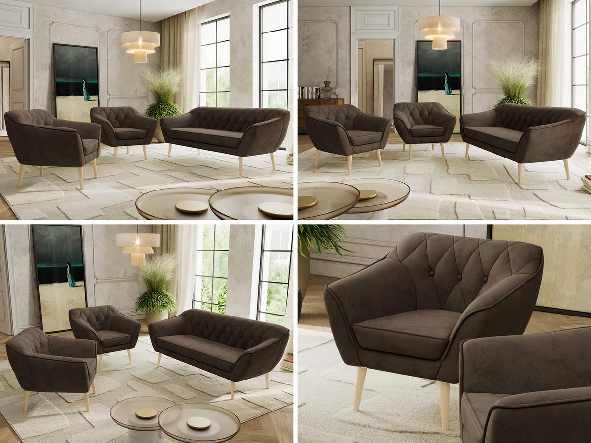 SITZGARNITUR PIRS 3+1+1 - Braun Velvet - Holzbeine - Dunkelbraun/Buchefarben, Holzwerkstoff/Textil (180/75/74cm) - MKS