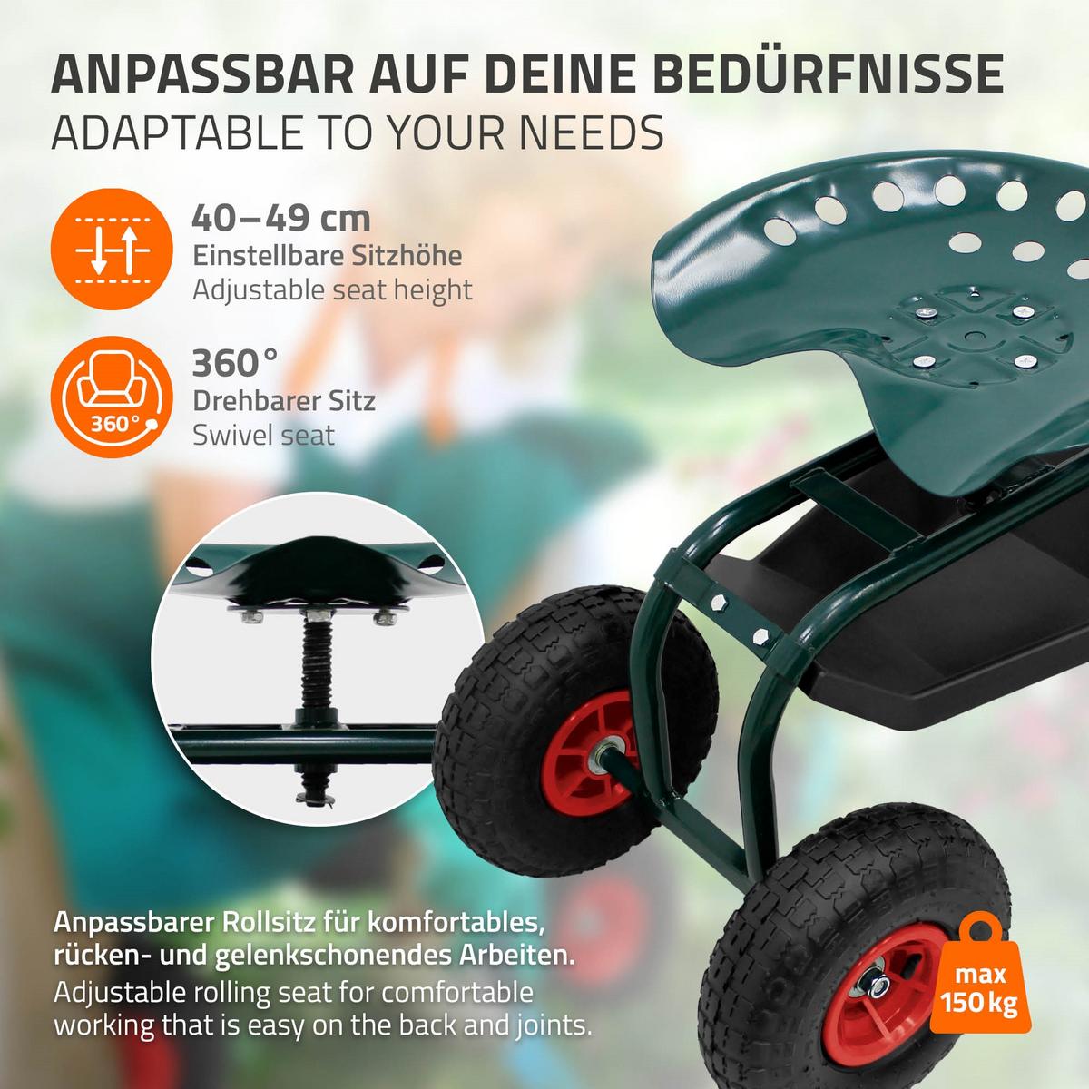 GARTENROLLSITZ Grün aus Stahl 360° drehbar/höhenverstellbar bis 150 kg - Grün, Metall (42/49/84cm) - ECD-Germany