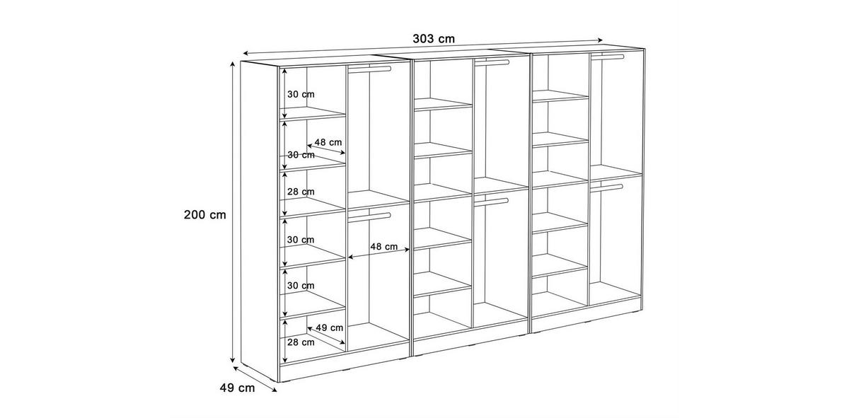 KLEIDERSCHRANK SANDBOX 300 303/49/200 cm Sandbeige / Sandbeige + geriffeltes Glas mit LED ohne Zusatzböden - Sandfarben/Transparent, Holzwerkstoff/Kunststoff (303/200/49cm) - Lookway