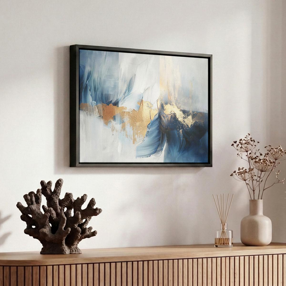 LEINWAND Bilder mit Rahmen - Gold - Blau - Aquarell - Kunst - Modern - 30x20 - Hellblau, Textil (30/20cm) - MuchoWow