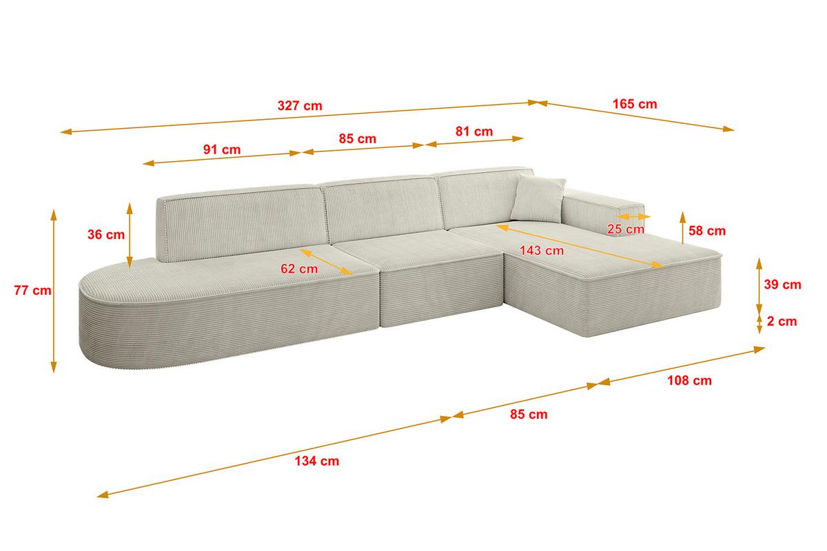 ECKSOFA Ottomane Rechts IREA-L2-v4 - 327x165x77 cm Creme - Ecru/Creme, Holzwerkstoff/Textil (327/165cm) - ALTDECOR