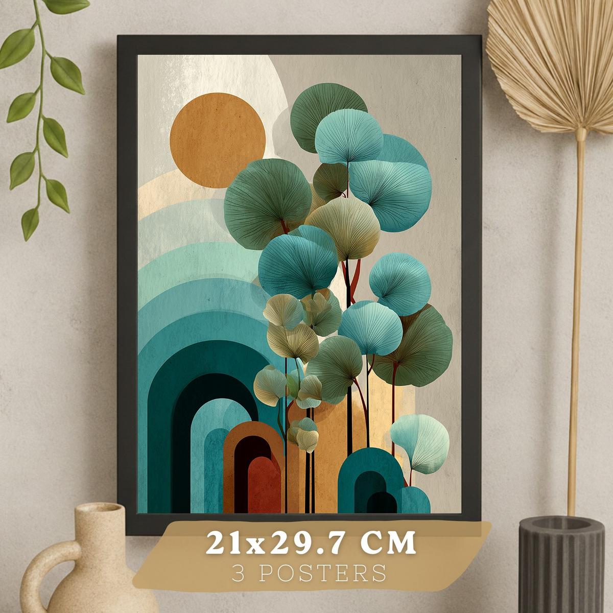 POSTER 3er Kunstdruck-Set Wandbilder Floral Abstrakt Blau Türkis modern Wohnzimmer Deko, Schlafzimmer, Küche, Badezimmer Schwarzer Rahmen A4 - Schwarz, Papier (29.7/1/21cm) - Nacnic