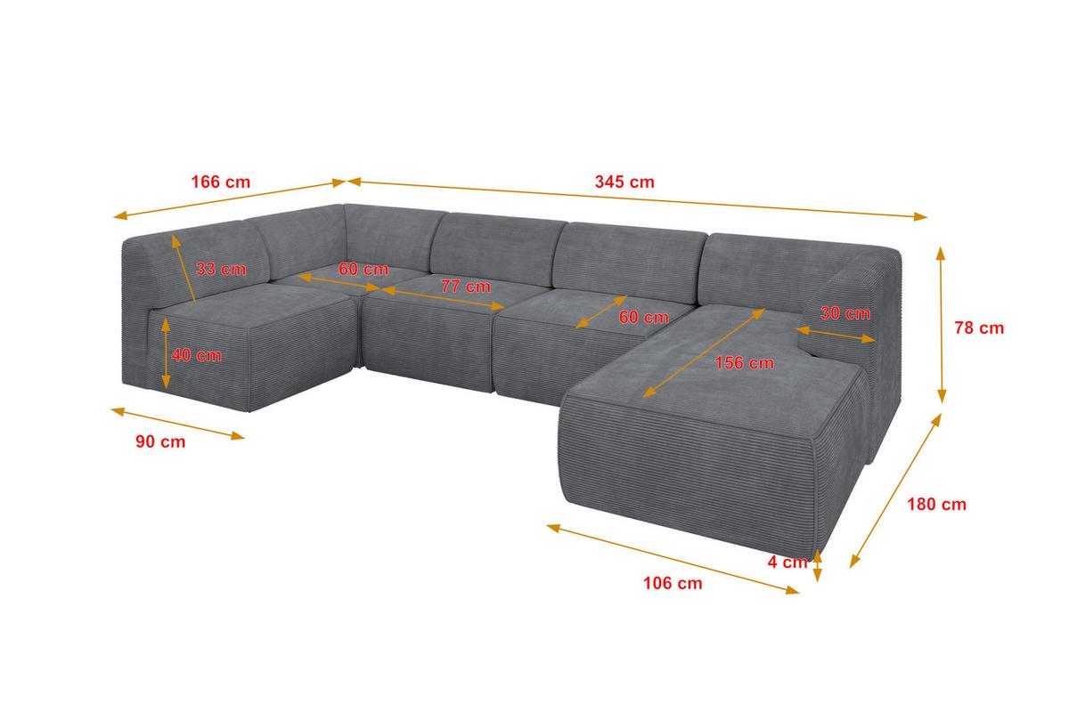 WOHNLANDSCHAFT Ottomane Rechts MOVO-L 345x180x78 cm Dunkelgrau Cord - Dunkelgrau, Holzwerkstoff/Kunststoff (180/78/345cm) - ALTDECOR