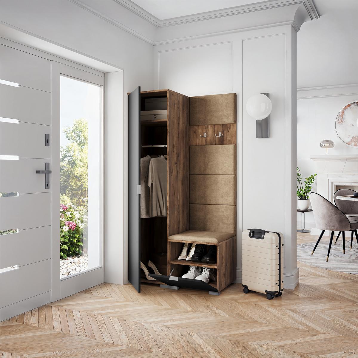 GARDEROBENSCHRANK LORI 95/181/51 cm Modern Garderobe-Set Eiche Lefkas - Eichefarben/Schwarz, Holzwerkstoff (95/181/51cm) - MASSENO