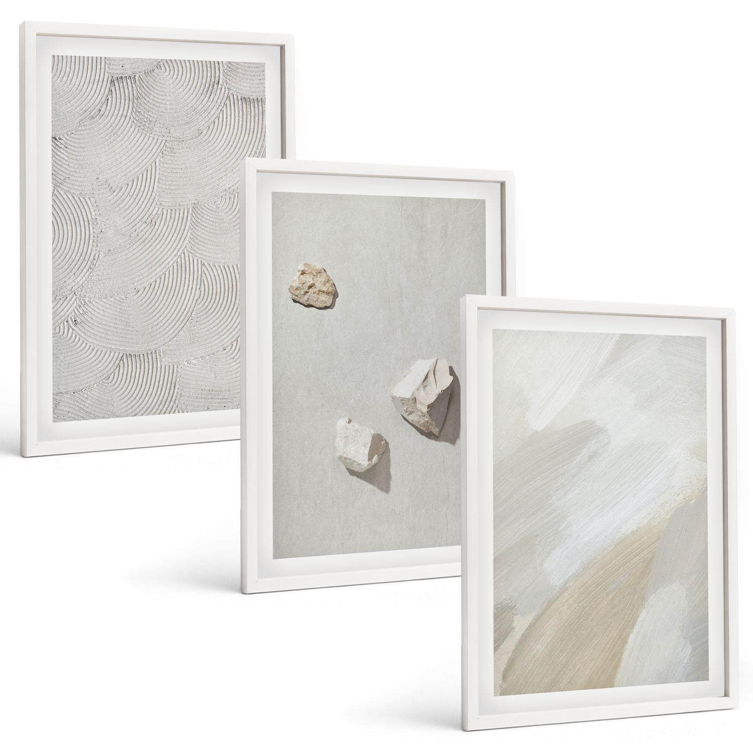 BILDER SET 3er Set - 40x60 cm Weißer Rahmen - Sandsteine moderne Farbe - Weiß, Kunststoff (40/60cm) - TULUP