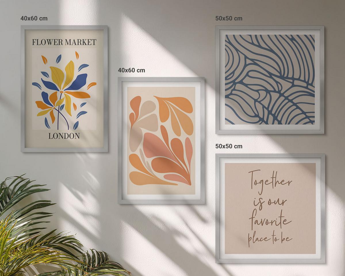 BILDER SET 4er Set - 50x50 cm & 40x60 cm Silberner Rahmen - Moderne abstrakte Blumen - Silberfarben, Kunststoff (50/50cm) - TULUP
