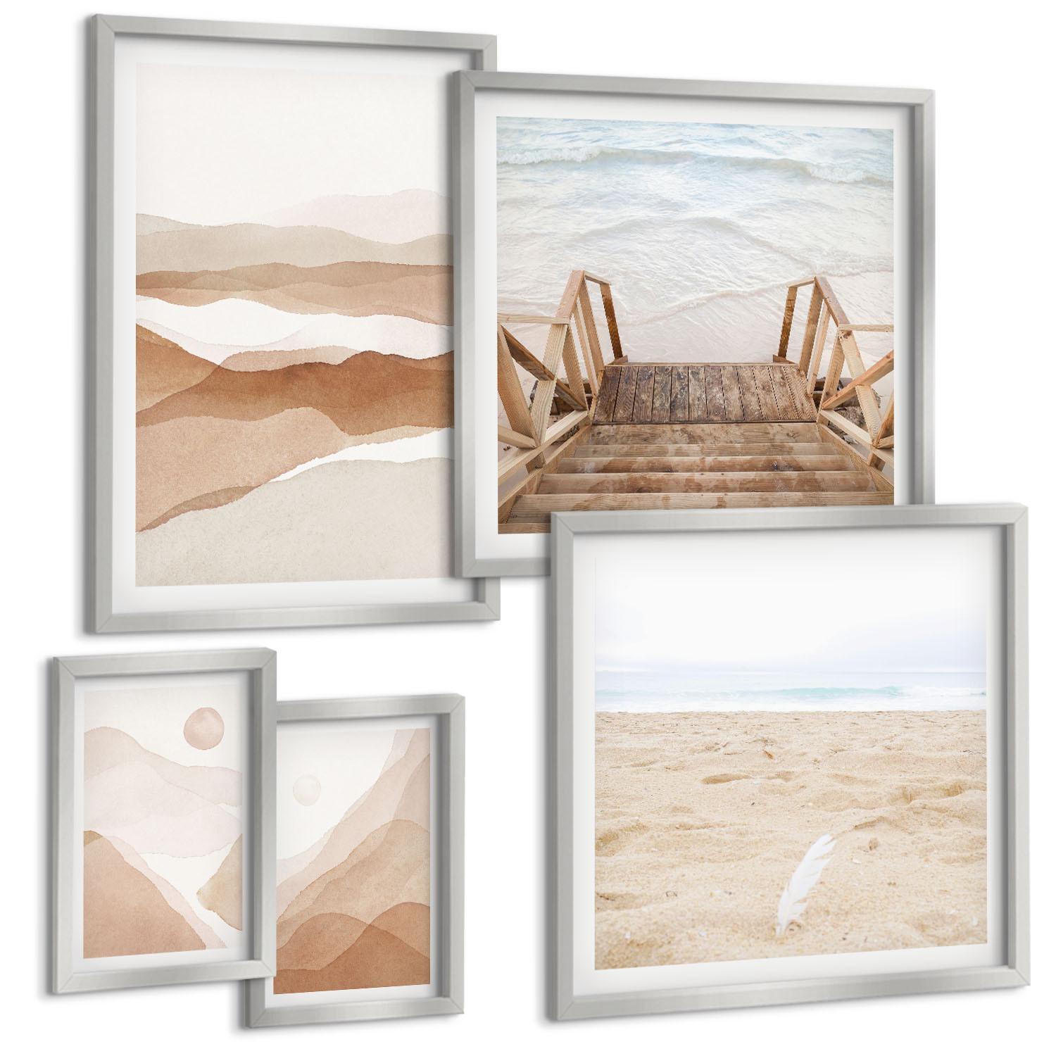 BILDER SET 5er Set - 50x50 cm & 20x30 cm & 40x60 cm Silberner Rahmen - Abstrakte braune Landschaften - Silberfarben, Kunststoff (40/60cm) - TULUP