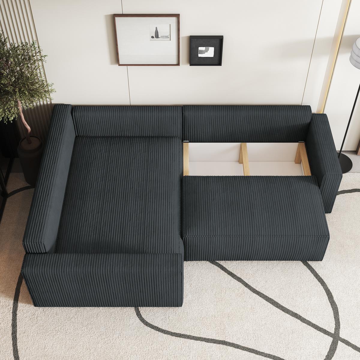 ECKSOFA ERONIS L-S Graphitfarben Kordstoff mit Schlaffunktion - Graphitfarben, Holz (265/194cm) - MASSENO