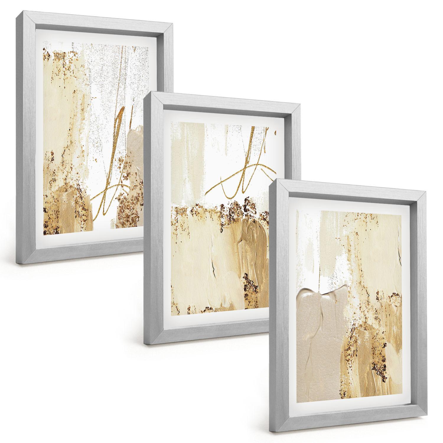 BILDER SET 3er Set - 20x30 cm Silberner Rahmen - Abstrakte Muster beige weiß - Silberfarben, Kunststoff (20/30cm) - TULUP