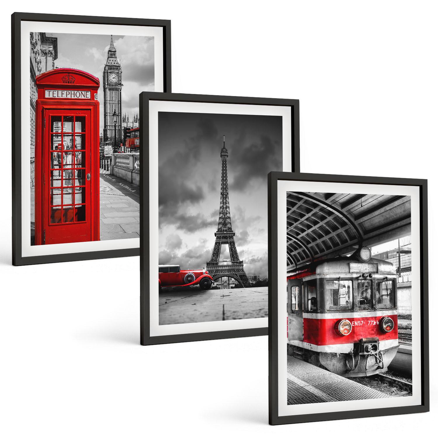 BILDER SET 3er Set - 40x60 cm Schwarzer Rahmen - Ikonen London Paris Verkehr - Schwarz, Kunststoff (40/60cm) - TULUP