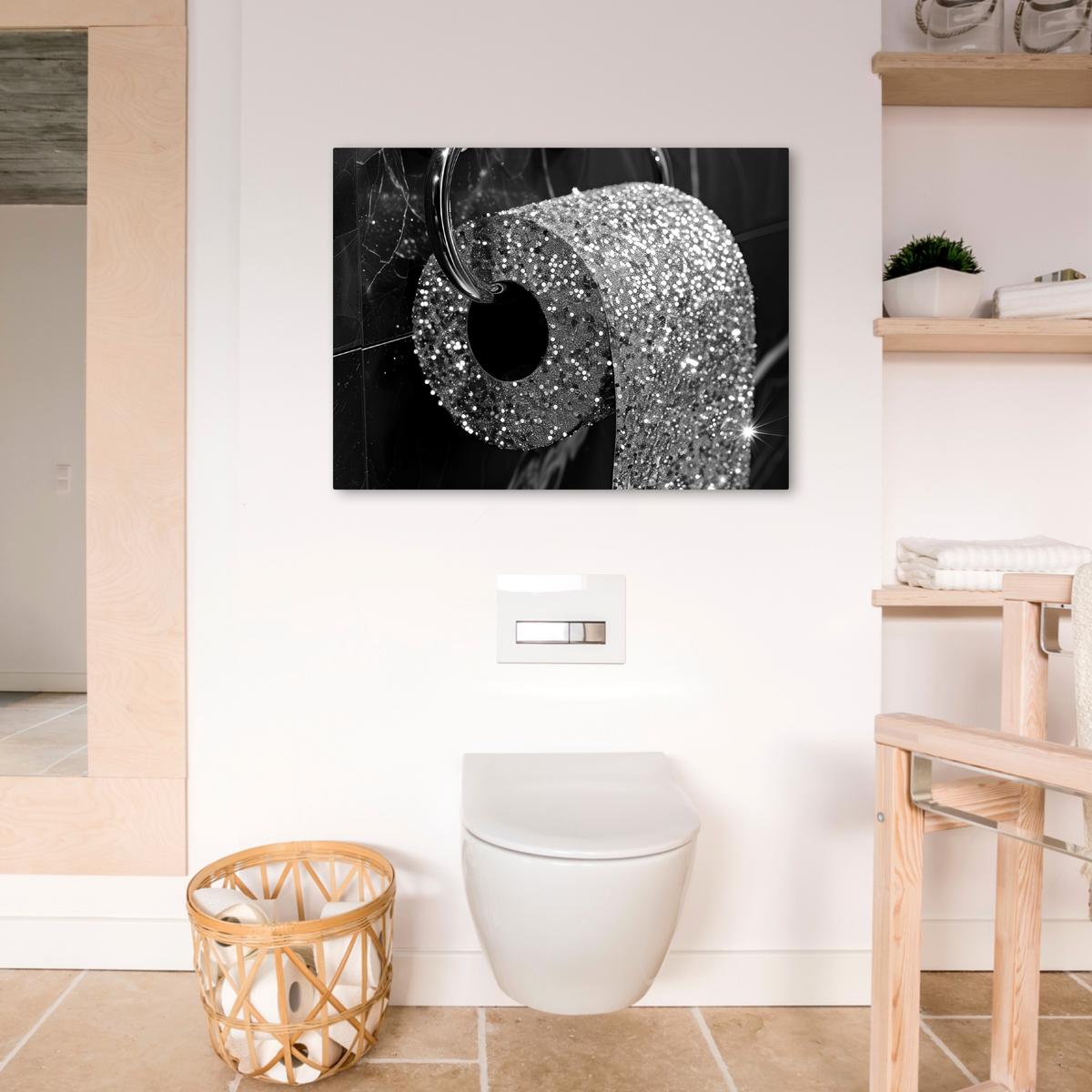 LEINWANDBILD WC - Toilettenpapier - Schwarz und weiß - Glitter Wanddeko Schlafzimmer 70x50 cm - Silberfarben, Textil (70/50cm) - MuchoWow