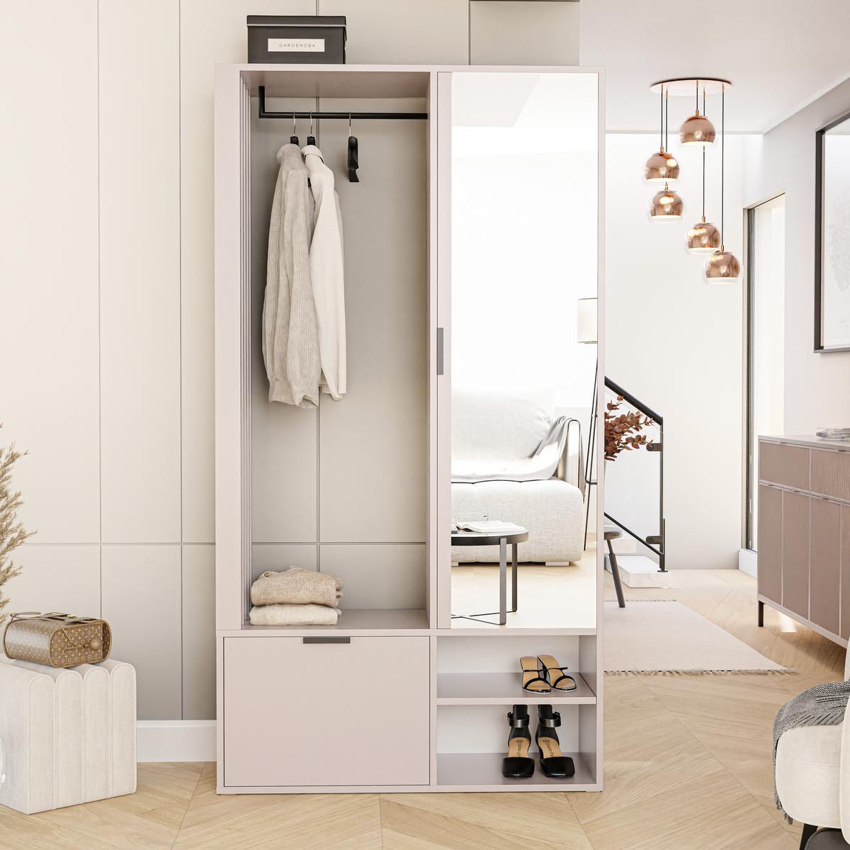 GARDEROBENSCHRANK mit Spiegel-mit Ablagen und Kleiderstange - Beige, Holzwerkstoff (100/190/33cm) - Idohome