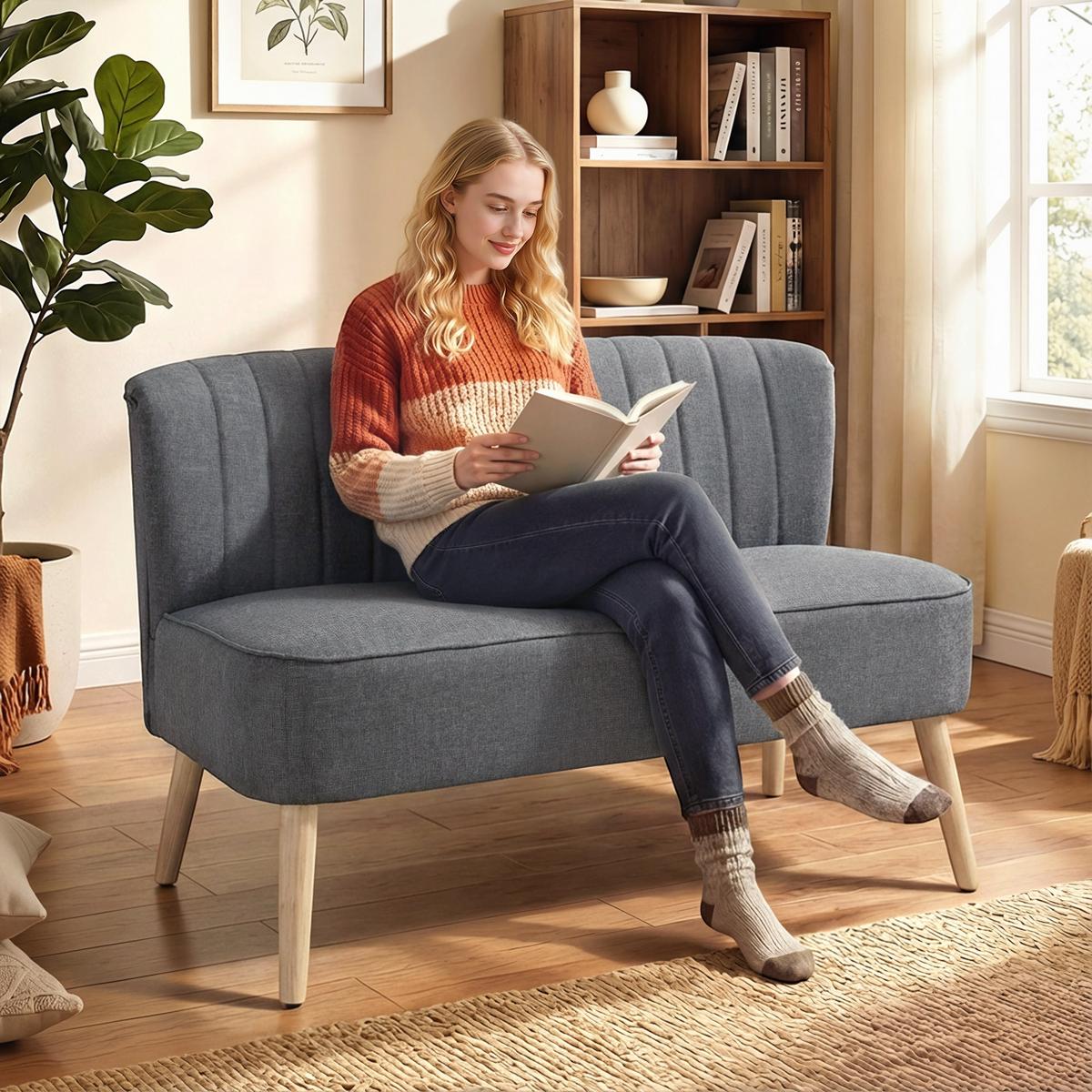 SOFA Polyester Gummiholz Grau - Naturfarben/Grau, Holz/Textil (56.5/77/117cm) - HOMCOM