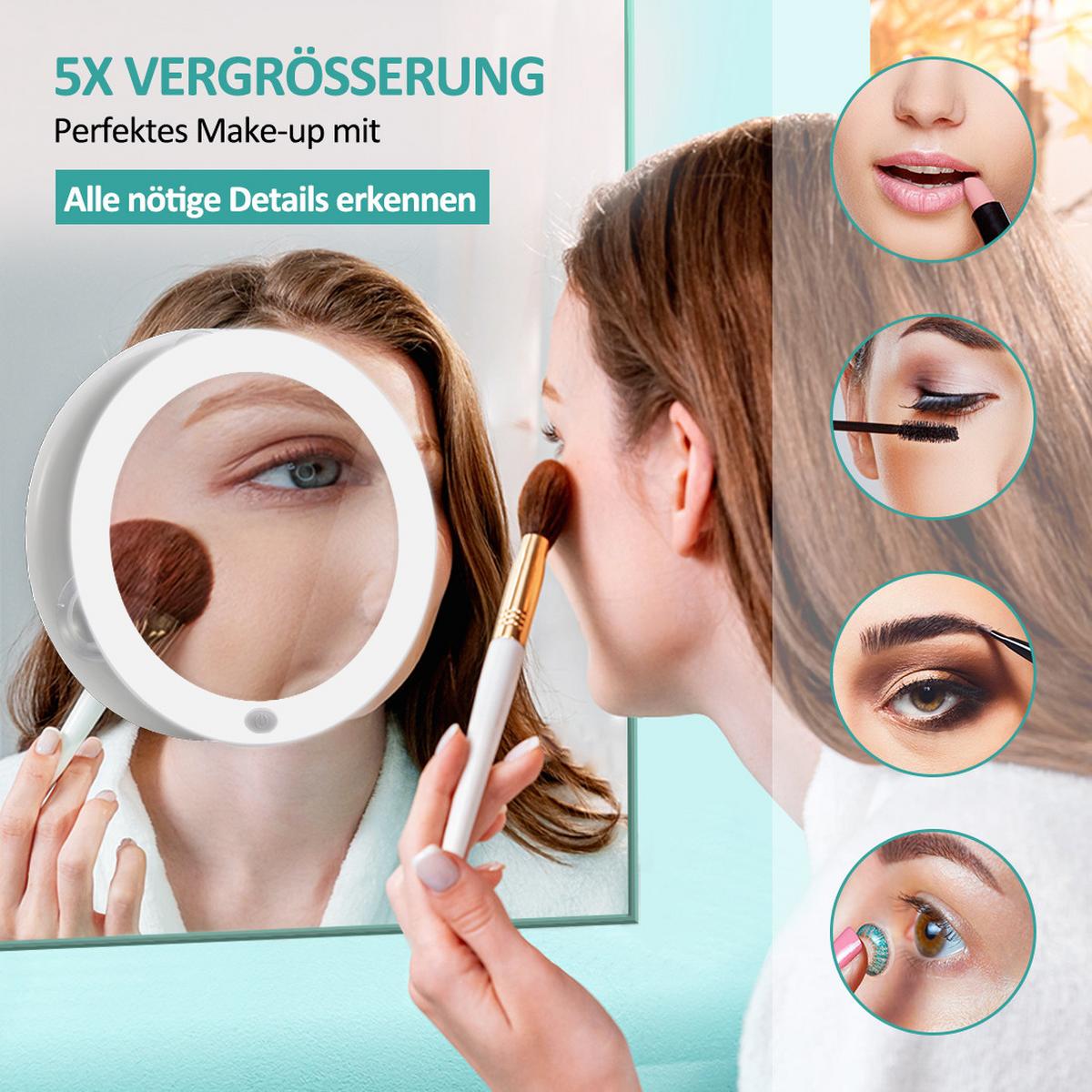KOSMETIKSPIEGEL mit Licht mit Saugnapf 5X Vergrößerung Weiß ф16,5 cm - Weiß, Glas (16.5/16.5/16.5cm) - EMKE